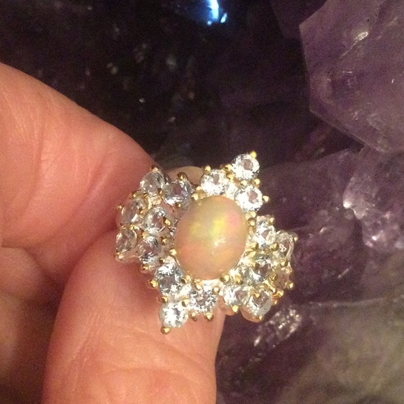 Genuine Natural Fire Opal & Aquamarine Ring, 9mm by 7mm - Picture 14 of 15